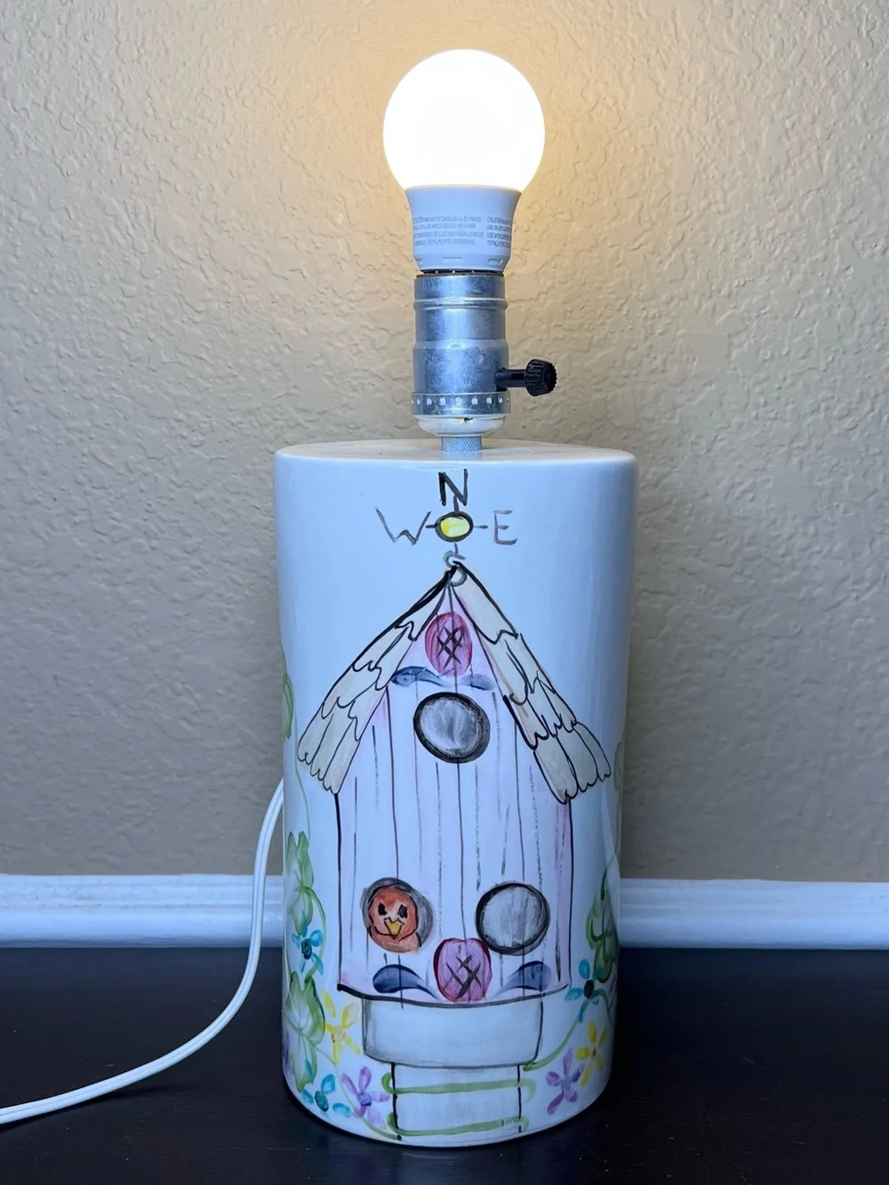 Vintage Ceramic Birdhouse Lamp, Folk Art Cottagecore Table Lamp